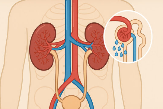 Healthy kidney anatomy illustration showing renal artery vein and ureter with inset glomerulus and microscopic filtration medical technology explained for patient education