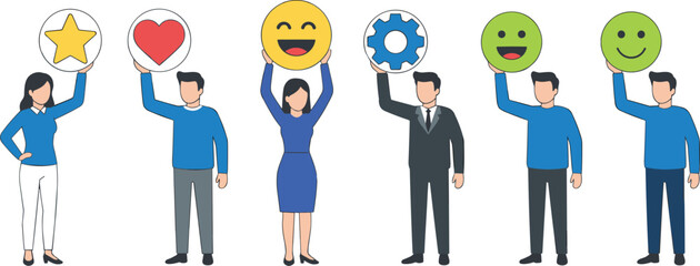 Team members holding positive feedback icons, customer satisfaction concept, business evaluation, user experience, rating symbols, flat vector illustration design