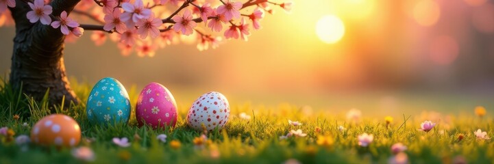Vibrant painted eggs scattered beneath blossoming trees, golden sunrise , spring, trees
