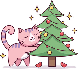 Obraz premium Adorable pink cartoon cat character lovingly hugging a fully decorated Christmas tree, surrounded by sparkling stars and tiny watermelon slices for a cute holiday vector illustration.