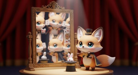 Obraz premium Adorable fox magician presents a rabbit emerging from a hat beside an ornate mirror