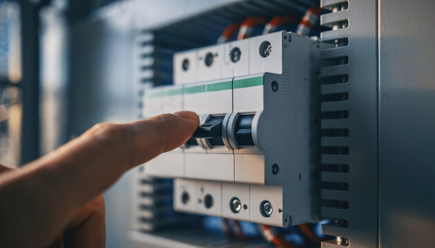 Finger switching circuit breaker in green energy transition electrical panel for safety and power control in modern building