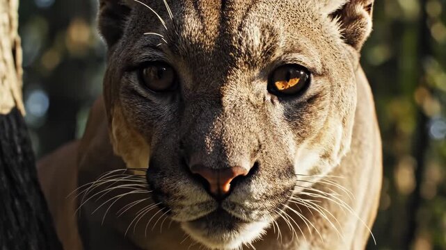 Close Up of Cougar on Tree Branch in Sunlight Focus on Facial Features and Paws Natural Habitat