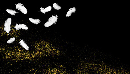 黒漆風の背景に白い羽根と金箔、和風の伝統工芸「蒔絵」のイメージ