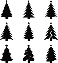 Fototapeta premium Collection of nine stylized black Christmas tree silhouettes with star toppers, presenting a variety of shapes for simple seasonal graphics, icons, logos, and festive winter design elements.