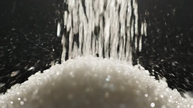 Sugar granules falling onto a pile against a dark background, creating a sweet and abstract visual.