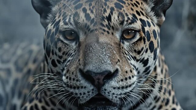 Close Up Portrait Of A Jaguar With Orange Eyes And Spotted Coat On Gray Background