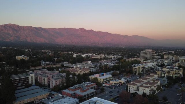 Aerial 4K, drone footage of the city of Pasadena in Southern California during the sunset. 