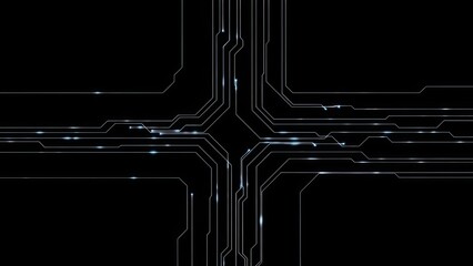 Abstract digital circuit board pattern with glowing white lines and blue light accents against a deep black background symbolizing high technology and data flow