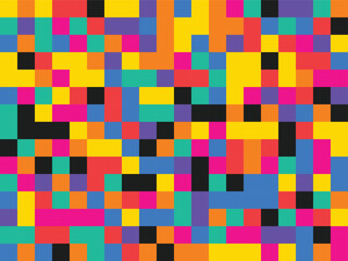 Vibrant pixelated mosaic pattern with bright colors and black accents