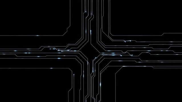 Abstract digital circuit board pattern with glowing white lines and blue light accents against a deep black background symbolizing high technology and data flow - Powered by Adobe