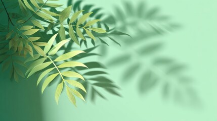 Naklejka premium Soft Green Gradient Background Shows Shadow of Leaves, Highlighting Natural Elements at a Calm Time of Day