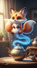 Obraz premium Adorable floating spirit fox emerges from an ornate metal teapot.