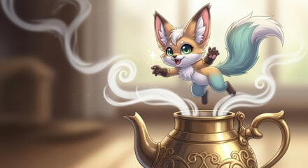 Obraz premium Adorable small fantastical creature emerges from steaming metallic vessel in warm light