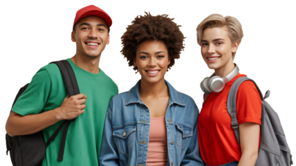 Youthful trio with backpacks smiling cheerfully