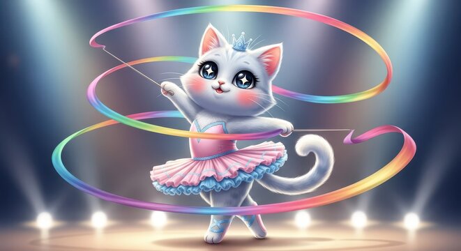 Adorable anthropomorphic kitten performs rhythmic gymnastics with a rainbow ribbon on a lighted stage