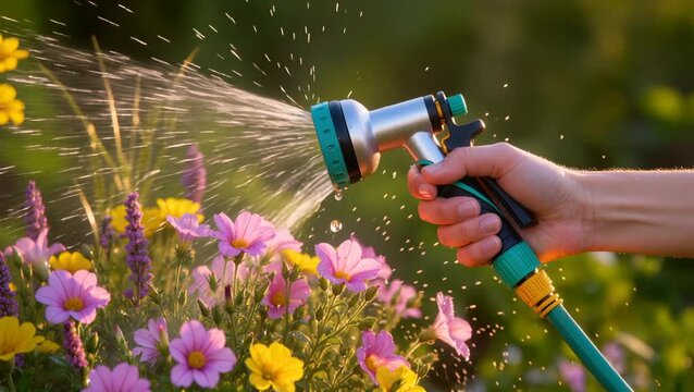 Close up of hand holding hose nozzle watering colorful flowers in garden with sunset light, gardening hobby and plant care maintenance concept.
