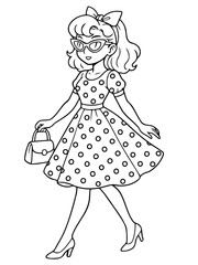 Dashing Diva: An illustrated woman strides confidently, adorned in a polka-dotted dress, stylish glasses, and carrying a chic handbag. A portrayal of retro charm and elegance.