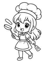 Obraz premium Pancake Chef: A delightful cartoon illustration shows a cheerful female chef tossing a pancake high in the air, embodying the essence of culinary skill and joyful cooking.