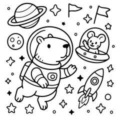 Obraz premium Celestial Friends' Adventure: An adorable bear, clad in a space suit, journeys through the cosmos alongside a cheerful mouse in a flying saucer, embarking on an interstellar exploration.
