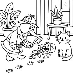 Obraz premium Detective Duck's Investigation: A cartoon detective duck meticulously examines the scene of a floral mishap, aided by a magnifying glass, while a curious cat observes.