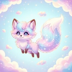 Obraz premium Adorable fantasy fox with pastel fur floats happily among starry clouds in a bright blue sky