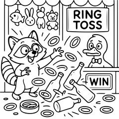 Obraz premium Ring Toss Fun Fair Game Illustration: A cheerful raccoon enthusiastically attempts the classic ring toss game, aiming to encircle the bottles, with a concerned duck observing the action. 