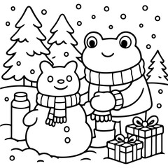 Fototapeta premium Winter Frog's Gift: Delightful illustration of a charming frog and snowman, embraced by a flurry of snowflakes, alongside gift boxes, and pine trees. A scene evoking winter joy and festive cheer.
