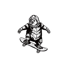 black and white hand drawn penguin skateboard illustration