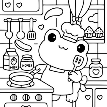 Frog Chef in Kitchen: An adorable frog chef, donned in a chef hat and apron, joyfully cooks in a cheerful kitchen, surrounded by charming baking elements.
