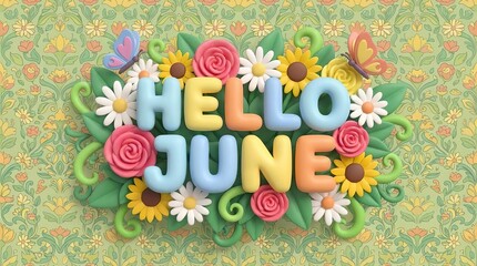 Words ‘Hello June’ surrounded by vibrant flowers, butterflies, and lush green leaves, forming a cheerful floral decoration set