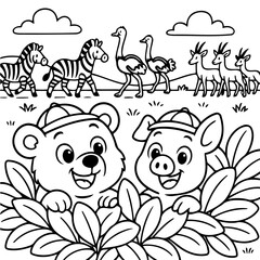 Obraz premium Safari Friends: A delightful illustration showcases a charming pig and bear, playfully observing a vibrant safari scene. With smiling expressions, the duo watches zebras, ostriches, and deer.
