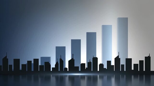 A cityscape silhouette is framed by growing 3D bar charts creating a stark contrast in a conceptual stylized design
