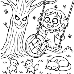 Spooky Playtime: A playful zombie child swings joyfully on a tire swing in a whimsical Halloween scene, with an evil tree watching. The scene evokes a sense of both fun and eeriness.