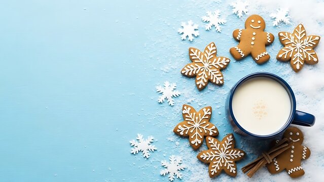 Festive Christmas Holiday treats with gingerbread cookies and milk on a snowy blue background, perfect for seasonal celebrations - Powered by Adobe