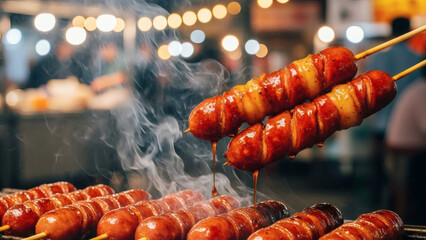 Juicy sausages grilled on skewers above smoky charcoal flames.