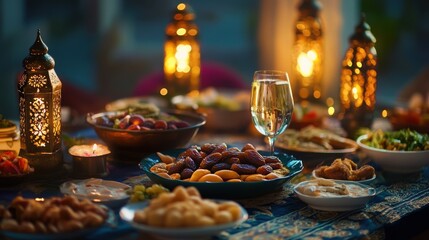 Ramadan Iftar table with simple yet delicious traditional foods, dates and water in the center, surrounded by flavorful dishes, glowing lanterns in the background, blur background,