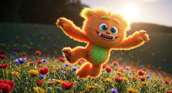 Joyful orange creature leaps amidst vibrant wildflowers in sunlit meadow landscape - Powered by Adobe