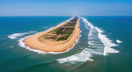 Panoramic vista of a serene sandy barrier island embraced by azure ocean waves and clear blue sky