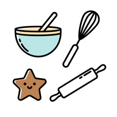 Sweet home baking collection featuring a whisk, mixing bowl, rolling pin, and star cookie