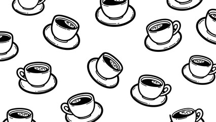 Artistic black and white hand-drawn coffee cups pattern, perfect for cafe menu backgrounds and textile designs
