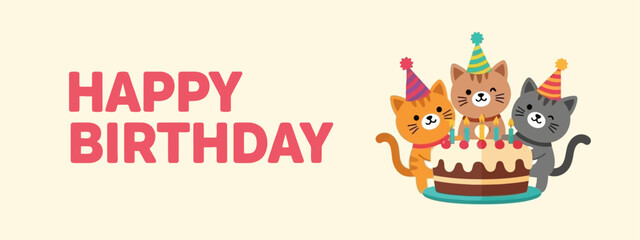 Happy Birthday banner with three cute kittens wearing party hats around a cake