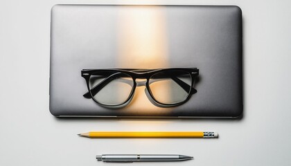 Work Essentials: A sophisticated composition presents a minimalist workspace with a laptop, eyeglasses, a pencil, and a pen, emphasizing the essence of focus and functionality.