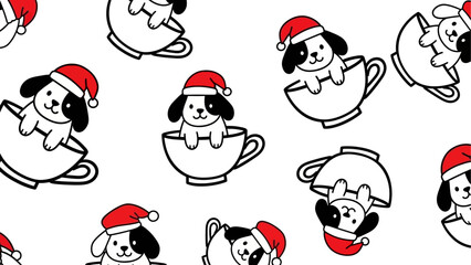 Whimsical holiday pattern featuring charming puppies wearing Santa hats nestled comfortably in teacups