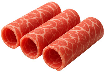 Thinly Sliced Raw Beef Rolls Isolated on White Background