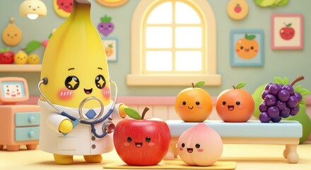 Fototapeta premium Adorable cartoon fruit characters featuring a banana physician examining produce in a bright clinic setting
