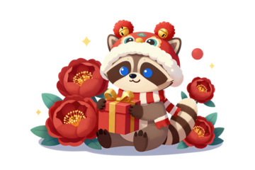 Cute Raccoon in Festive Hat Holding a Gift