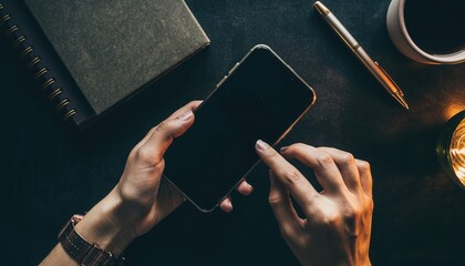 Interactive Touch: A pair of hands meticulously interacts with a modern smartphone screen, surrounded by stationery. A snapshot of everyday modern technology and communication.