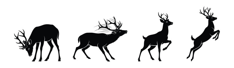 Dynamic progression of a majestic deer's movement shown through elegant black silhouette illustrations