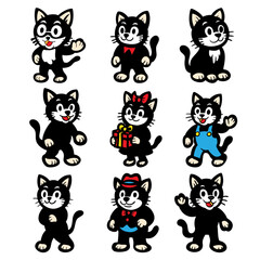 Cute Cartoon Black Cat Character Set in Various Poses